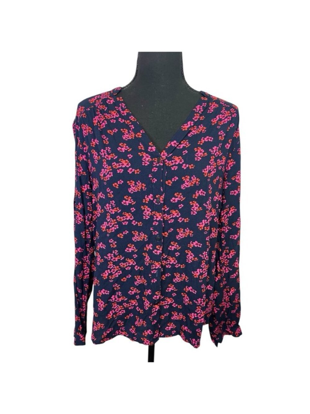 Tom Tailor Floral Button Down Blouse Sz 38 (US 6) V-Neck Viscose Navy Pink Red